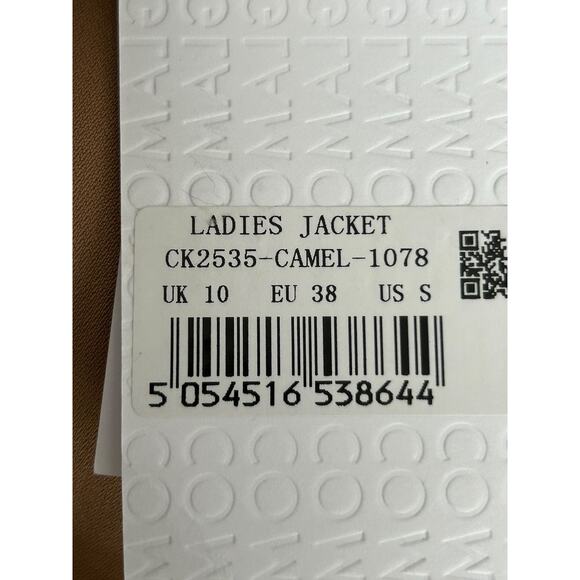 Glamorous Ladies Jacket Sm Camel Sleeveless Open Front Waterfall Draped Kimono - Picture 7 of 12